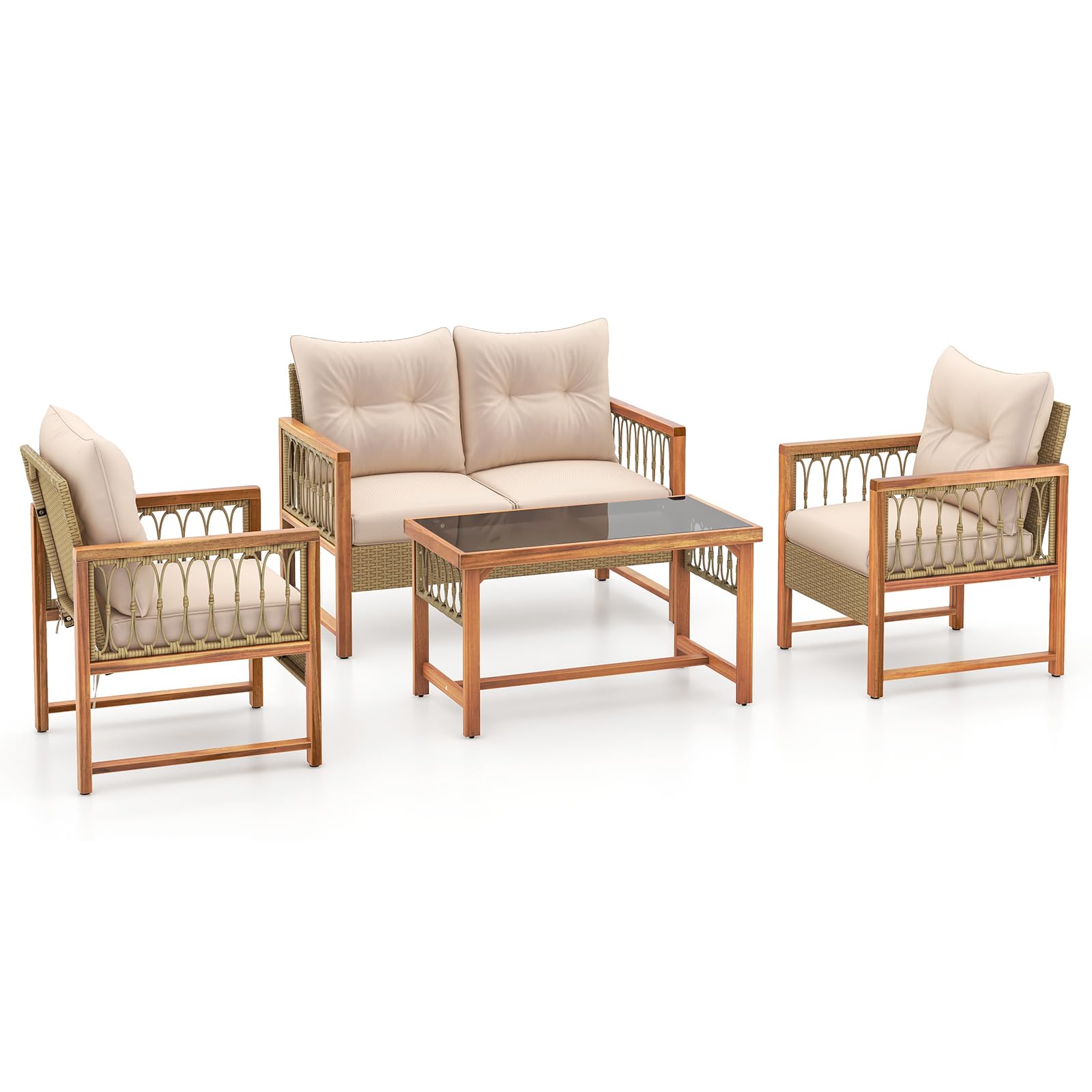 Tangkula Ensemble de mobilier de patio 4 pièces, ensemble bistrot de conversation en rotin PE extérieur avec cadre en bois d'acacia